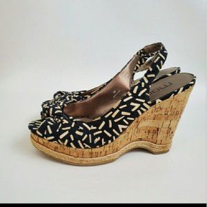 Moda Geometric Aztec Print Bow Open Toe Cork Wedge Black Slingback Sandal Size 9